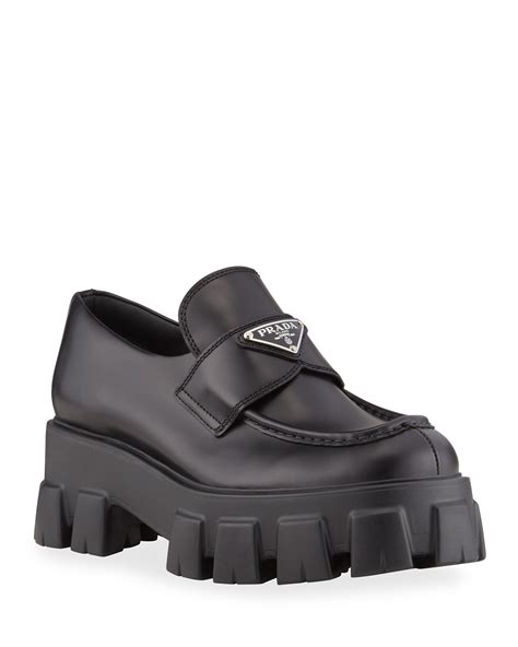 prada monolith leather logo platform loafers|prada monolith loafers second hand.